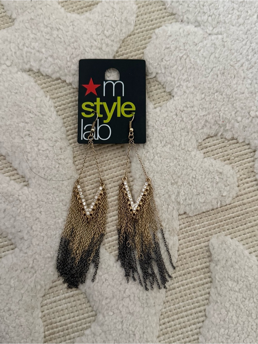 Mstylelab Gold and Black Fringe Chain Drop Statement Earrings NEW